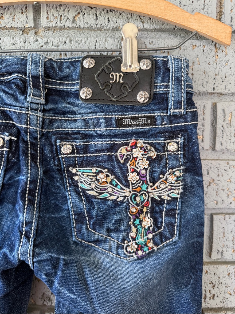 MISS ME EMBROIDERED CROSS WINGS  FLOWERS GUITAR RHINESTONES BERMUDA DENIM SHORTS